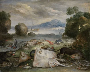 Marine Animals, Fish, and Otter on the Beach with a View of a Bay with a Sailing Ship and Mountain in the Distance